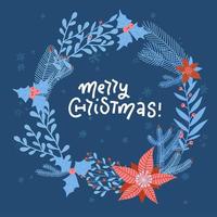 Christmas wreath with flowers, branches, leaves and snowflakes on dark blue background. Perfect for holiday greeting cards vector