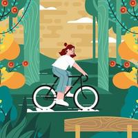 A Woman Ride Bicycle In The Park Concept vector