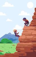 Man And Woman Wall Climbing With Mountain View vector