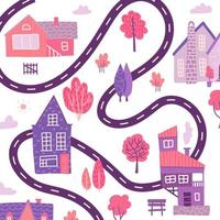 Hand drawn textured spring background with little houses, roads and trees. Village map view. Vector flat illustration.