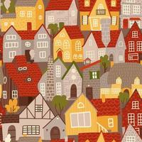 Seamless pattern of colorful buildings in flat cartoon style. Vintage urban rear facades with tiled roofs. Hand drawn vector illustration.