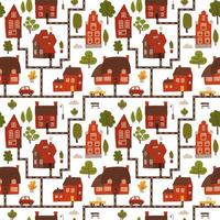 Cute city street seamless pattern. Cartoon funny map cityscape with small brick houses in scandinavian style, cars, green summer trees. Flat hand drawn vector illustration