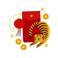 2022 Year of The Tiger banner. A cute tiger with big red packet with money on CNY. Cute greeting card with lanttern and flowers. Flat vector illustration.
