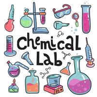 Hand drawn chemistry and science color icons set. Collection of laboratory equipment in doodle style.Child chemistry and science Elements, formulas, test-tube with liquid. Lettering quote Chemical lab vector