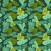 Abstract jungle print with silhouettes of paradise island foliage. Vector flat seamless floral green pattern inspired by tropical nature and plants with shape of palm leaves. Summer background