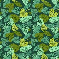 impresión abstracta de la jungla con siluetas de follaje de la isla paraíso. patrón verde floral plano vectorial sin fisuras inspirado en la naturaleza tropical y las plantas con forma de hojas de palma. fondo de verano vector