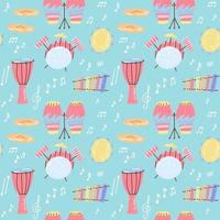 Hand drawn musical seamless pattern of drum set. Different Musical Percussion instruments with notes. Flat childish vector illustration