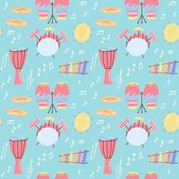 Hand drawn musical seamless pattern of drum set. Different Musical Percussion instruments with notes. Flat childish vector illustration