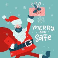 Santa Claus wearing a protective face mask against coronavirus. Merry Christmas 2020 during pandemia. Holiday greeting card. Xmas celebration. New Year 2021. Vector flat illustration. Merry and safe.