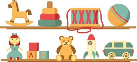 Kids toys icon set. Horse, pyramid, drum, ball, doll, cubes, bear, rocket, car on wood shop shelves. Children's toys flat vector illustration for you design.