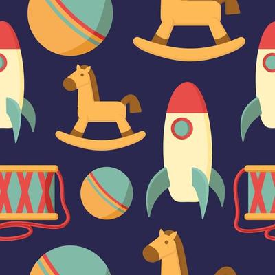 Kids toy vector seamless pattern. Horse, pyramid, drum, ball, doll, cubes, bear, rocket, car background. Childrens colorful texture  for wrapping, wallpaper, textile. Green, red, orange, brown colors.