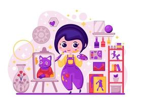 Cute Girl Painter Painting Cat In Art Studio Focus Character vector