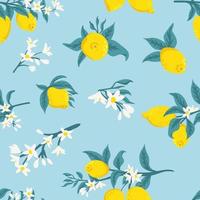 Summer tropical seamless pattern with colorful lemons and flowers.Vector citrus fruits background. Modern exotic floral design for paper, cover, fabric, interior decor and other users. vector