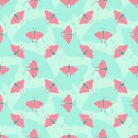 Seamless pattern with pink butterfly on blue backdrop with silhouette of insect. Vector summer spring background. Wallpaper, wrapping, fabric textile print, cover, tile design.