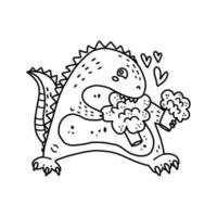 Coloring page outline of cartoon cute dinosaur t-rex with broccoli. Hand drawn vector illustration, coloring book for kids. Funny tropical animal black and white illustration. Jungle summer clip art