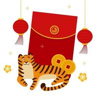 Happy chinese new year 2022 with cute tiger lying in front of a red packet, lanterns and coins. Isolated CNY concept. Flat vector illustration.