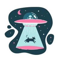 The cow is kidnapped by a UFO. Funny drawing, childish, funny. Drawing by hand. Isolated alien print. Flat vector illustration