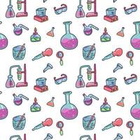 Seamless pattern of decorative color hand drawn chemical lab scientific experiment equipment isolated vector illustration. Set of flasks in doodle style in white background. Kid chemistry and science