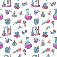 Seamless pattern of decorative color hand drawn chemical lab scientific experiment equipment isolated vector illustration. Set of flasks in doodle style in white background. Kid chemistry and science