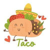 Smiling kawaii eyed taco dancing Mexican sombrero hat. Cartoon vector illustration isolated on white background. Humanized Mexican taco having fun