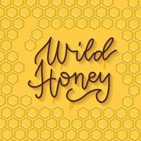 Bee honey typographic design. Linear trendy lettering with honeycomb pattern. Template design for beekeeping and honey product. Yellow background, flat vector illustration.