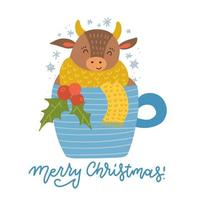 Cute Cartoon Bull is sitting in a Cup of coffee or tea. Cozy animal symbol of 2021 year. Greeting card. Vector flat hand drawn illustration