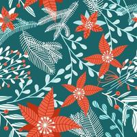 Seamless pattern with winter plants, flowers and berries. Merry Christmas holiday decoration. Forest branches background in vintage style. Red poinsettia on dark green background. vector