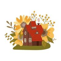 Fabulous red roof house with a small tower among the big summer flowers. Vector flat hand drawn illustration on white background.