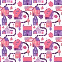 Seamless pattern with spring village with road, houses and trees. Landscape map. Vector flat hand drawn design.