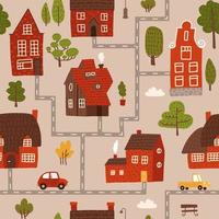 Cozy city map. Nursery seamless pattern with roads, red and brown houses, forest, cars. Limited pastel palette. Flat hand drawn vector illustration.