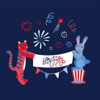 Hand drawn rabbit and tiger with greeting banner in paws. Card with fireworks and flags. Flat childish style vector illustration.