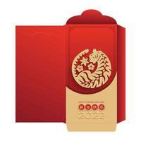 Chinese new year 2022 lucky red envelope with tiger. Paper cut style money packet with gold paper craft art on red background. Translation happy chinese new year 2022 vector