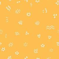 Geometric Vector seamless pattern with white doodle elements on orange background. Form a triangle, a line, a circle, stars. Hipster fashion Memphis style.