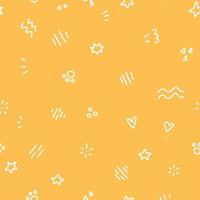 Geometric Vector seamless pattern with white doodle elements on orange background. Form a triangle, a line, a circle, stars. Hipster fashion Memphis style.