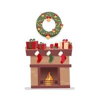 Christmas fireplace with socks, decorations, gift boxes, candeles, socks and wreath on a white background. Cozy flat cartoon style vector illustration.
