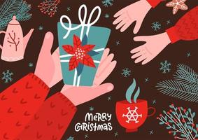 Hands holding Christmas gift box with as a present for Xmas or new year on wooden brown background, top view scene. Vector flat hand drawn illustration.