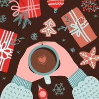 Christmas and New Year cozy composition with Human hands in sweater holding coffee mug surrounded by gifts, gingerbread, fir branches. Vector flat illustration top view