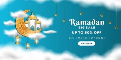 banner de gran venta de ramadán con mezquita realista en la luna y las nubes