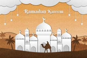 ramadan kareem illustration background with paper art mosque, dates tree, and camel in the desert vector