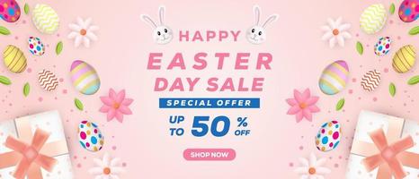 venta del día de pascua banner de ilustración 3d horizontal con adornos huevos, cajas de regalo y conejo