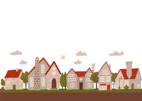 Cozy day small town street. Cartoon grey city buildings flat vector illustration. Empty space for text.