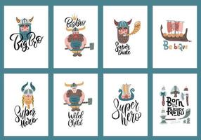 Cute set of a4 size vikings cartoon characters posters, scandinavian style with lettering. Vector flat illustrations for and banner, children's book , postcard, gift card, print for t-shirt, sticker