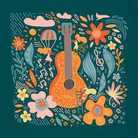 Music festival vector illustration, guitar with flowers art and cute girls. Hippie chic, bohemian style. Hand drawn banner, poster, postcard or t-shirt print.