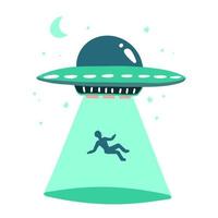 UFO abducts human. Space ship UFO ray of light Vector illustration in flat style isolated on white background. Hand drawn print concept.