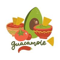 Bowls of avocado guacamole dip, tomato salsa and nachos chips. Side view. Traditional Mexican cuisine. Cartoon flat style illustration with lettering. vector