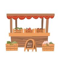 Local vegetable stall. Fresh organic food products shop on wooden shelves. Local market farmer selling vegetables on his stall with awning. Promote healthy eating concept. Flat vector illustration