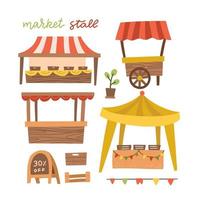 Set of awing with wooden market stand stall and various kiosk, with red and white striped awning isolated. Vector flat hand drawn illustration in cartoon style.