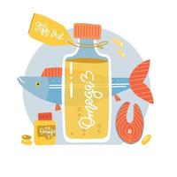 Salmon fish steak, oil bottle, softgel pills concept. Nutrition omega 3 fatty acids salmon fish composition for poster, banner, etc. Flat vector illustration with lettering