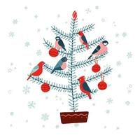 abeto de navidad con pájaros, decorado con adornos. aislado sobre fondo blanco. ilustración vectorial plana para tarjetas de felicitación y pancartas vector