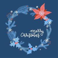 tarjeta de felicitación navideña, con plantas de invierno, poinsettia, bayas de acebo, laurel, abeto, brunch de árbol, símbolo tradicional. ilustración vectorial plana, aislada sobre fondo azul oscuro.